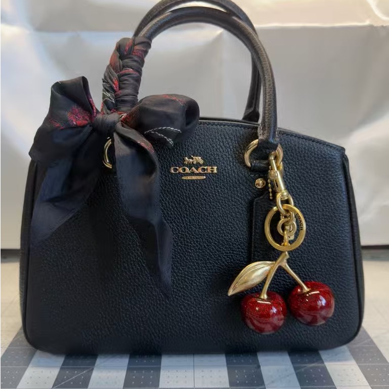 Coach Black Pebbled Leather Satchel With Cherry Charm And Scarf